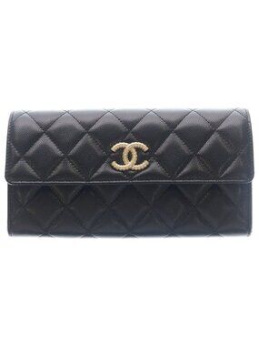 Chanel CC Logo Caviar Leather Wallet Gold Black